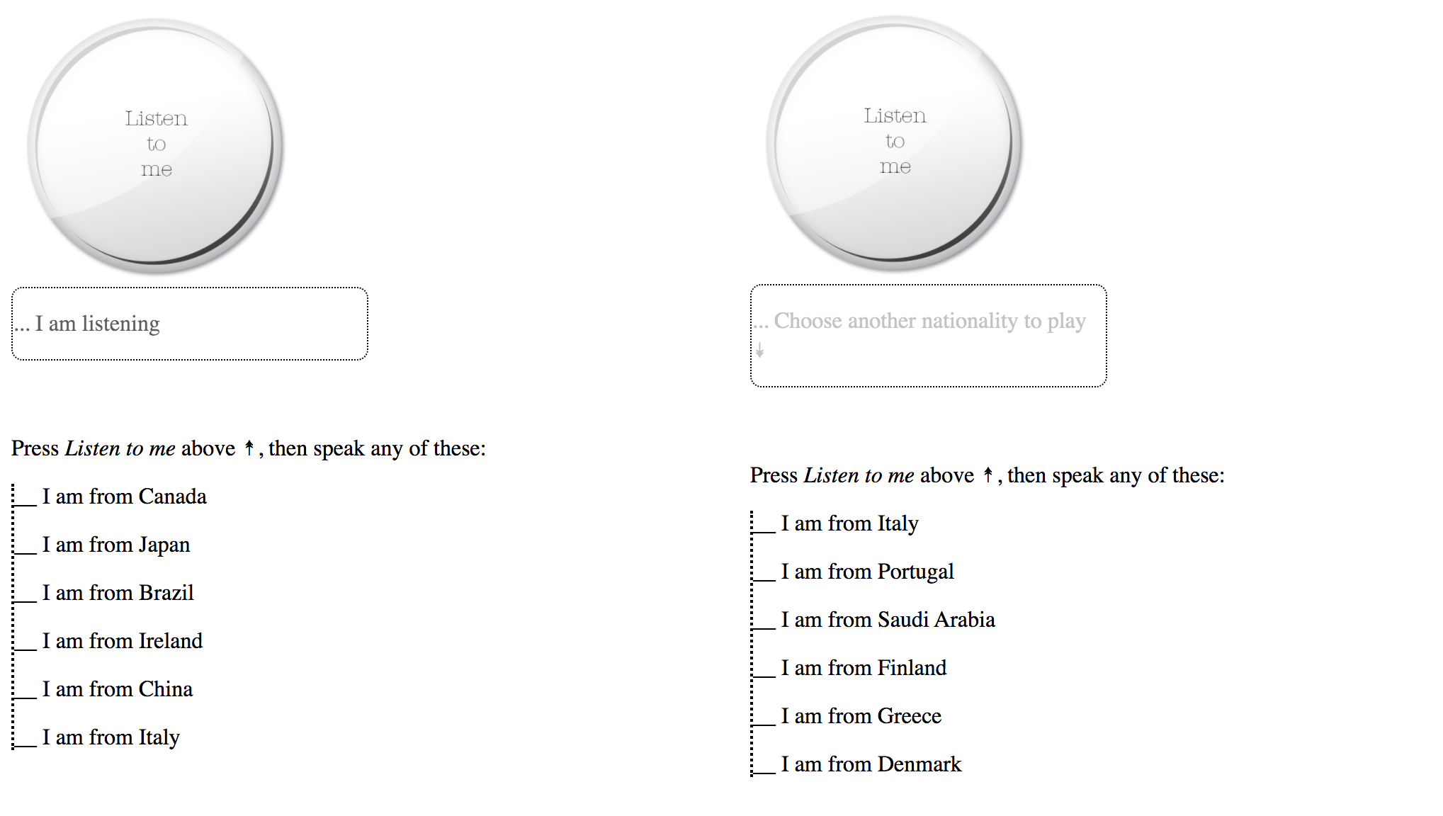 new interface elements in We cannot take them all: arrows pointing towards text to speak and listen to me -button