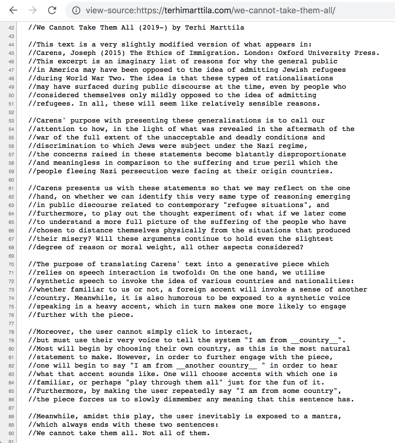 A screenshot of the artist statement of We cannot take them all (2019), in the comments of the code